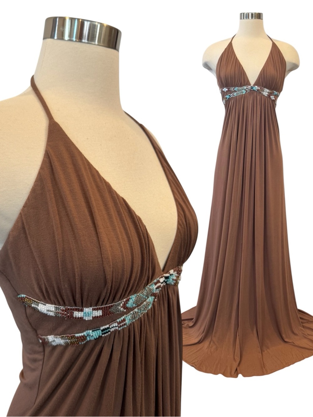 SKY Stretch Knit Brown Turquoise Beaded Y2K Vintage Halter Dress Maxi Gown L